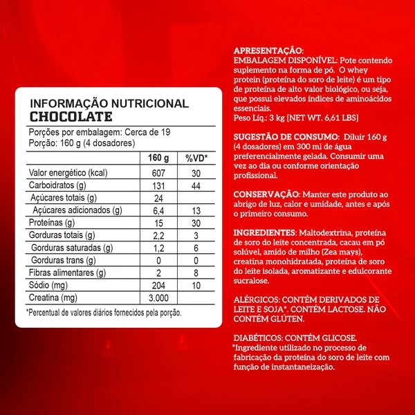 Tabela nutricional do Creamass Integralmédica 3 kg sabor chocolate